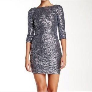 Aidan Mattox Dark Silver Sequin Dress Bodycon Cocktail V-Neck size 8 3/4 sleeves